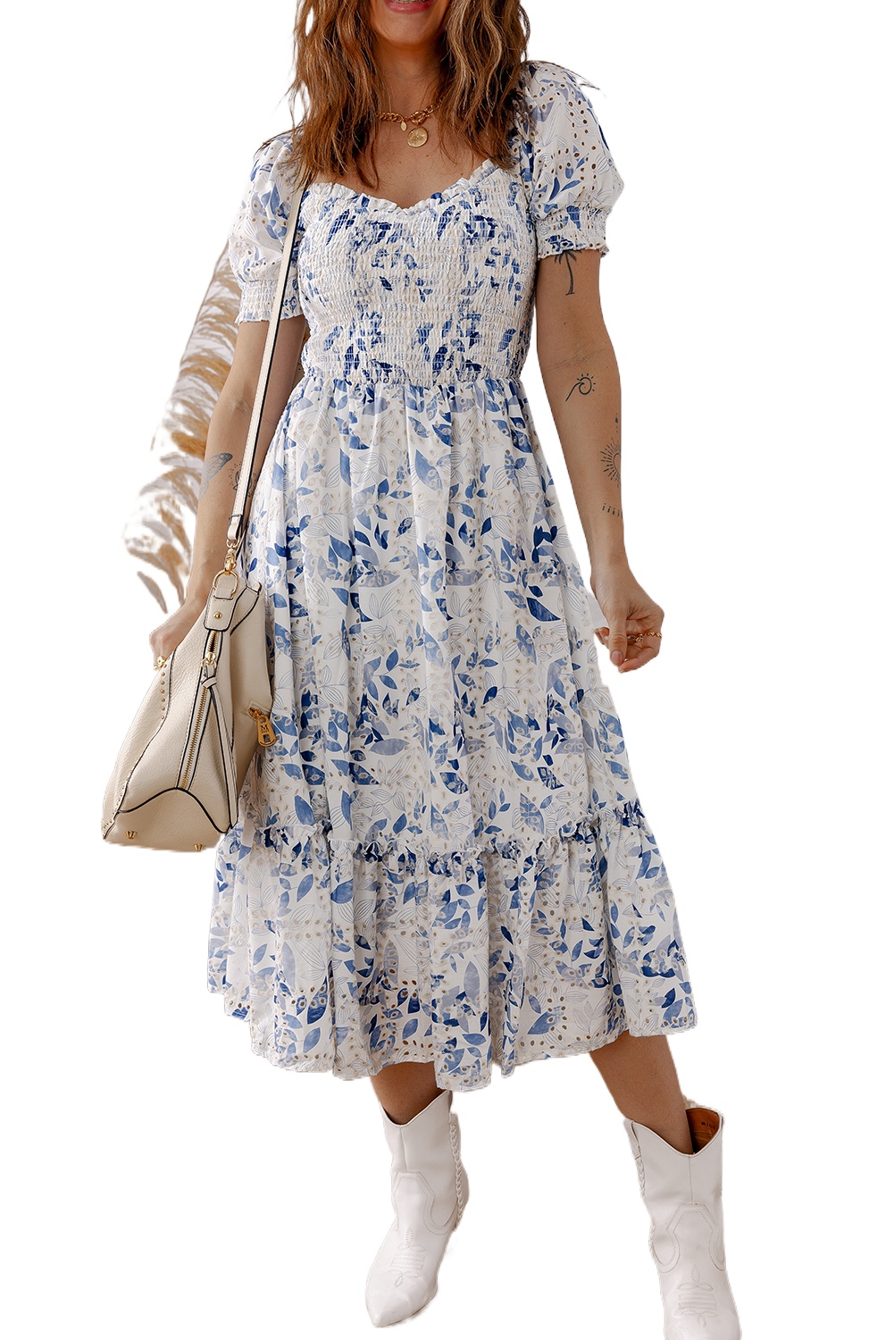 Women's Sky Blue Floral Midi Dress – Smocked Bodice with Short Puff Sleeves for Casual Summer Vibes - Main View Women's Sky Blue Floral Midi Dress – Smocked Bodice with Short Puff Sleeves for Casual Summer Vibes - Main View