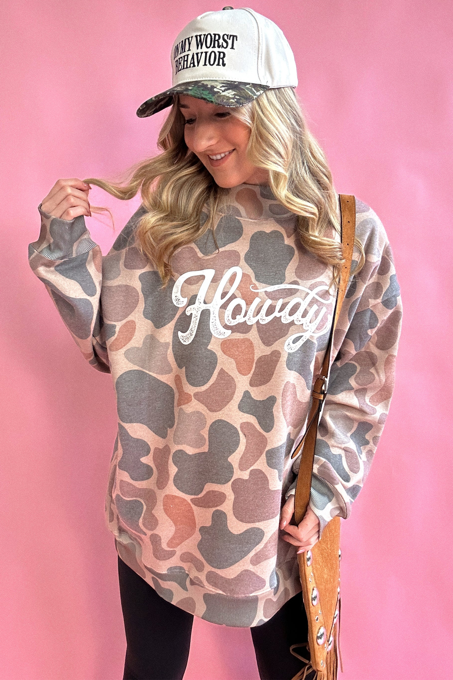 Women's Camo Howdy Graphic Sweatshirt – Long Sleeve Fall Top - Detail View 6 Women's Camo Howdy Graphic Sweatshirt – Long Sleeve Fall Top - Detail View 6