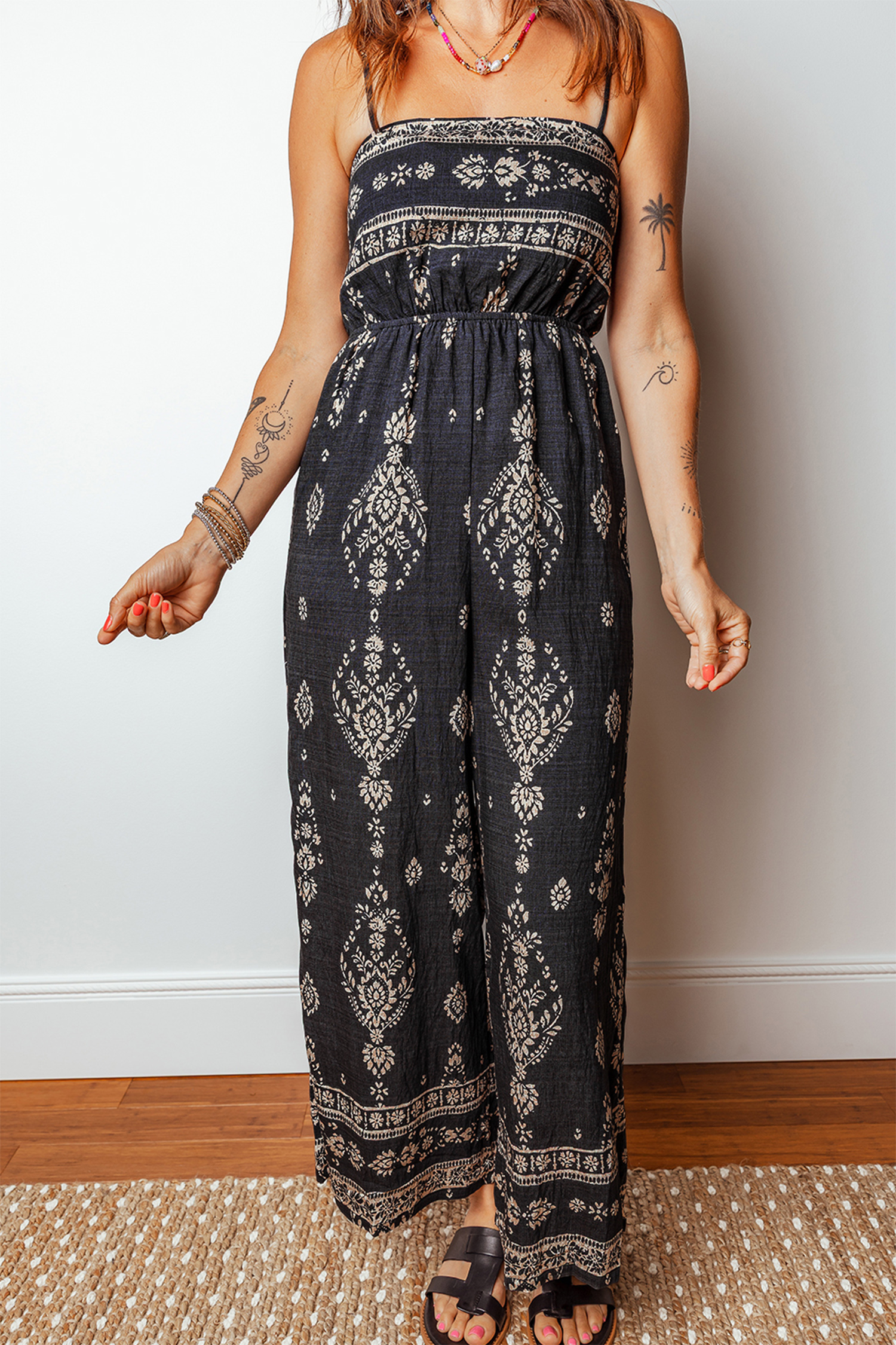 Women's Wide Leg Summer Jumpsuit – Casual Spaghetti Strap - Detail View 6 Women's Wide Leg Summer Jumpsuit – Casual Spaghetti Strap - Detail View 6
