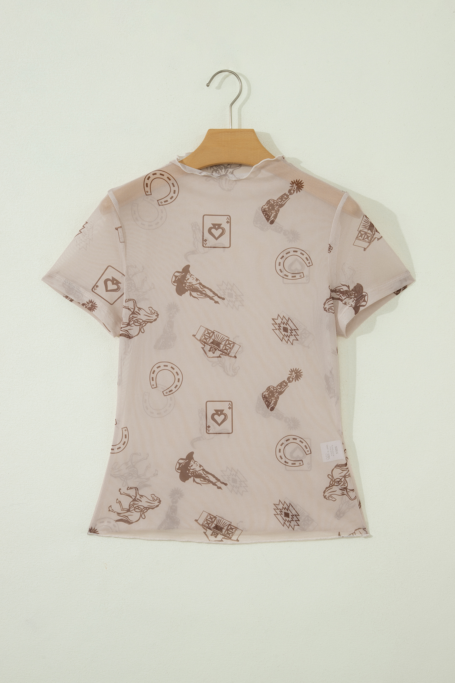 Trendy Oatmeal Mesh Western Print Tee – Stylish Sheath Silhouette Top for Women's Summer Gifts - Detail View 3 Trendy Oatmeal Mesh Western Print Tee – Stylish Sheath Silhouette Top for Women's Summer Gifts - Detail View 3