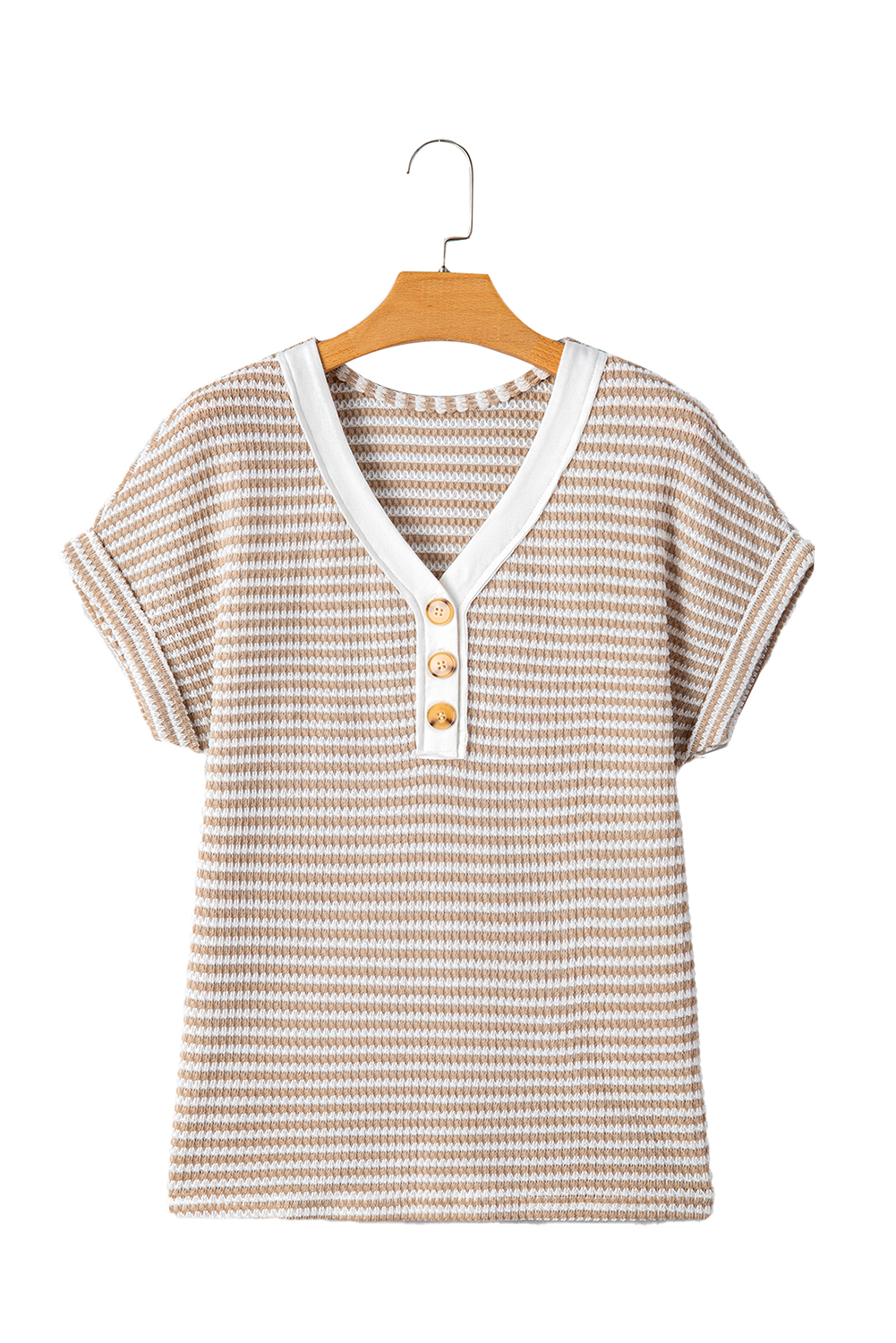 Women's T-Shirt, Khaki Stripe, V Neck, Buttoned Front, Casual Style, Soft Knitted Material, Daily Wear, Striped Pattern, Summer Fashion, Comfortable Fit, Quality Fabric, Tops, Tops & Tees - Detail View 24 Women's T-Shirt, Khaki Stripe, V Neck, Buttoned Front, Casual Style, Soft Knitted Material, Daily Wear, Striped Pattern, Summer Fashion, Comfortable Fit, Quality Fabric, Tops, Tops & Tees - Detail View 24