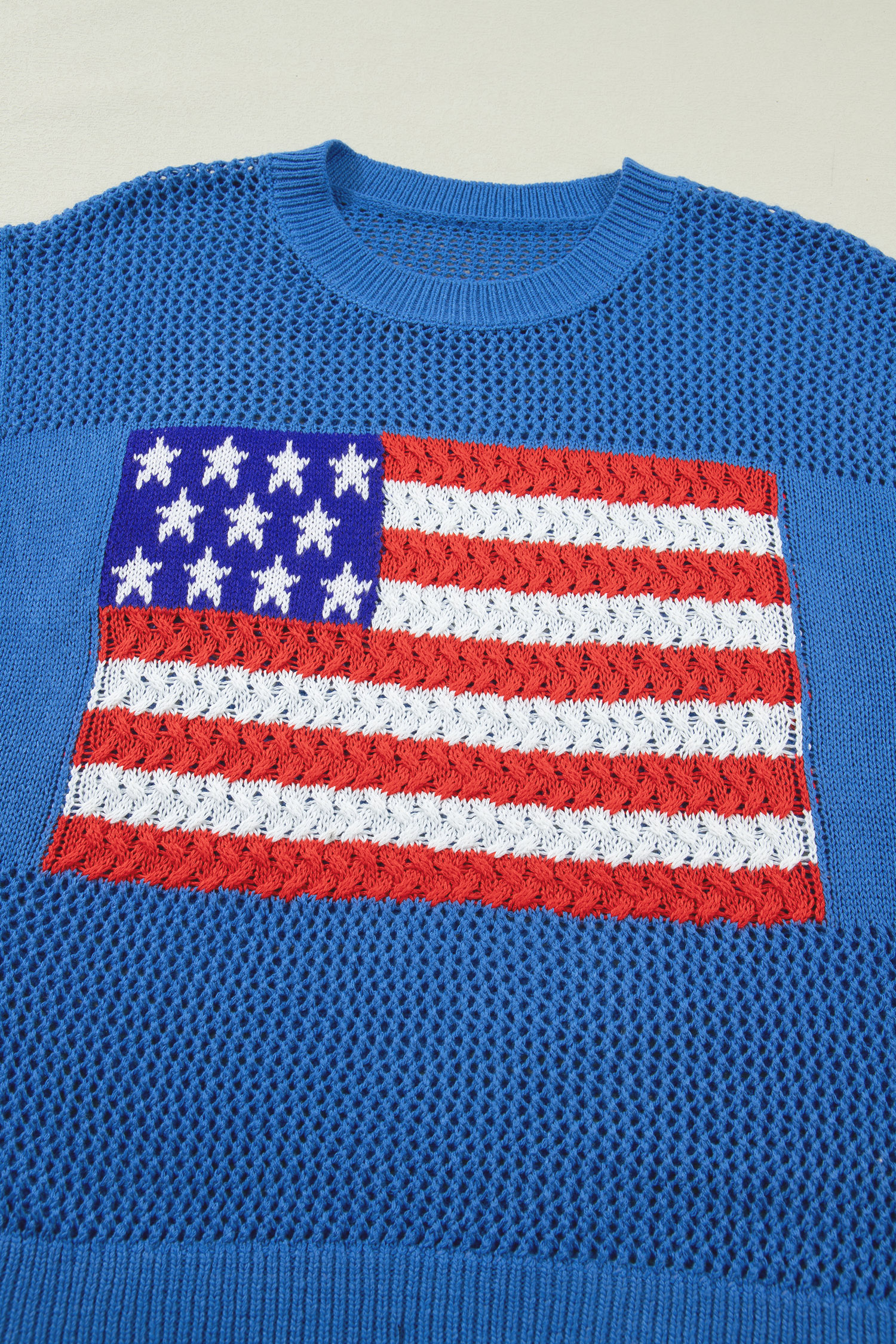 Women's Sky Blue Flag Print Short Sleeve Sweater – Ideal for Summer Outings and Independence Celebrations - Detail View 14 Women's Sky Blue Flag Print Short Sleeve Sweater – Ideal for Summer Outings and Independence Celebrations - Detail View 14
