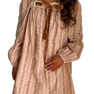 Women's Khaki Floral Long Sleeve Mini Dress with Velvet Bow - Main View