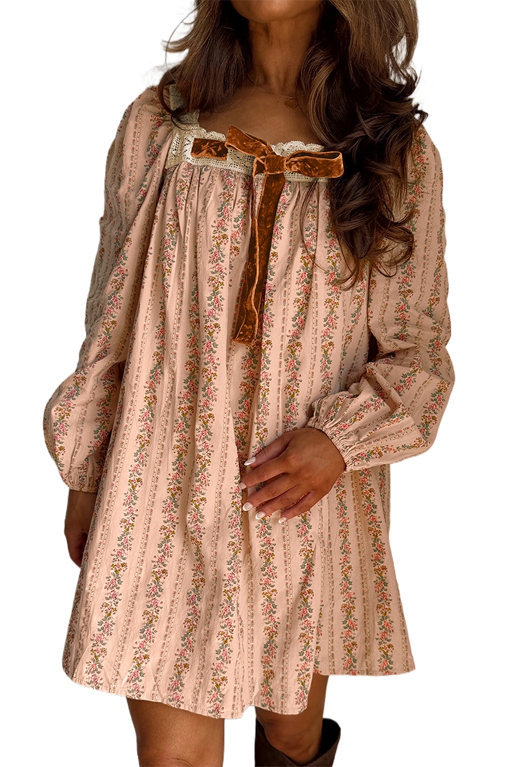 Women's Khaki Floral Long Sleeve Mini Dress with Velvet Bow - Main View Women's Khaki Floral Long Sleeve Mini Dress with Velvet Bow - Main View