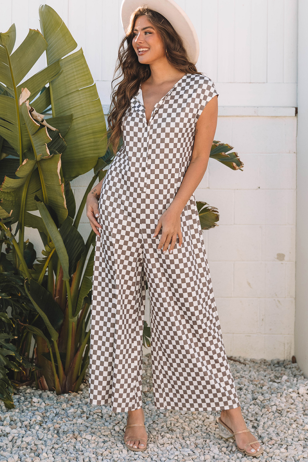 Women's Jumpsuit, Khaki Checkered, Buttoned Front, Crew Neck, Cap Sleeves, Wide Leg, Casual Style, Summer Fashion, Daily Wear, Functional Design, Side Pockets, Trendy, Comfortable, Polyester Blend - Detail View 8 Women's Jumpsuit, Khaki Checkered, Buttoned Front, Crew Neck, Cap Sleeves, Wide Leg, Casual Style, Summer Fashion, Daily Wear, Functional Design, Side Pockets, Trendy, Comfortable, Polyester Blend - Detail View 8