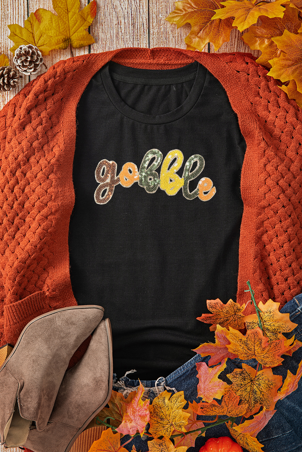 Women's Black Sequin Letter Graphic T-Shirt – Casual Thanksgiving Style for Daily Wear - Detail View 7 Women's Black Sequin Letter Graphic T-Shirt – Casual Thanksgiving Style for Daily Wear - Detail View 7