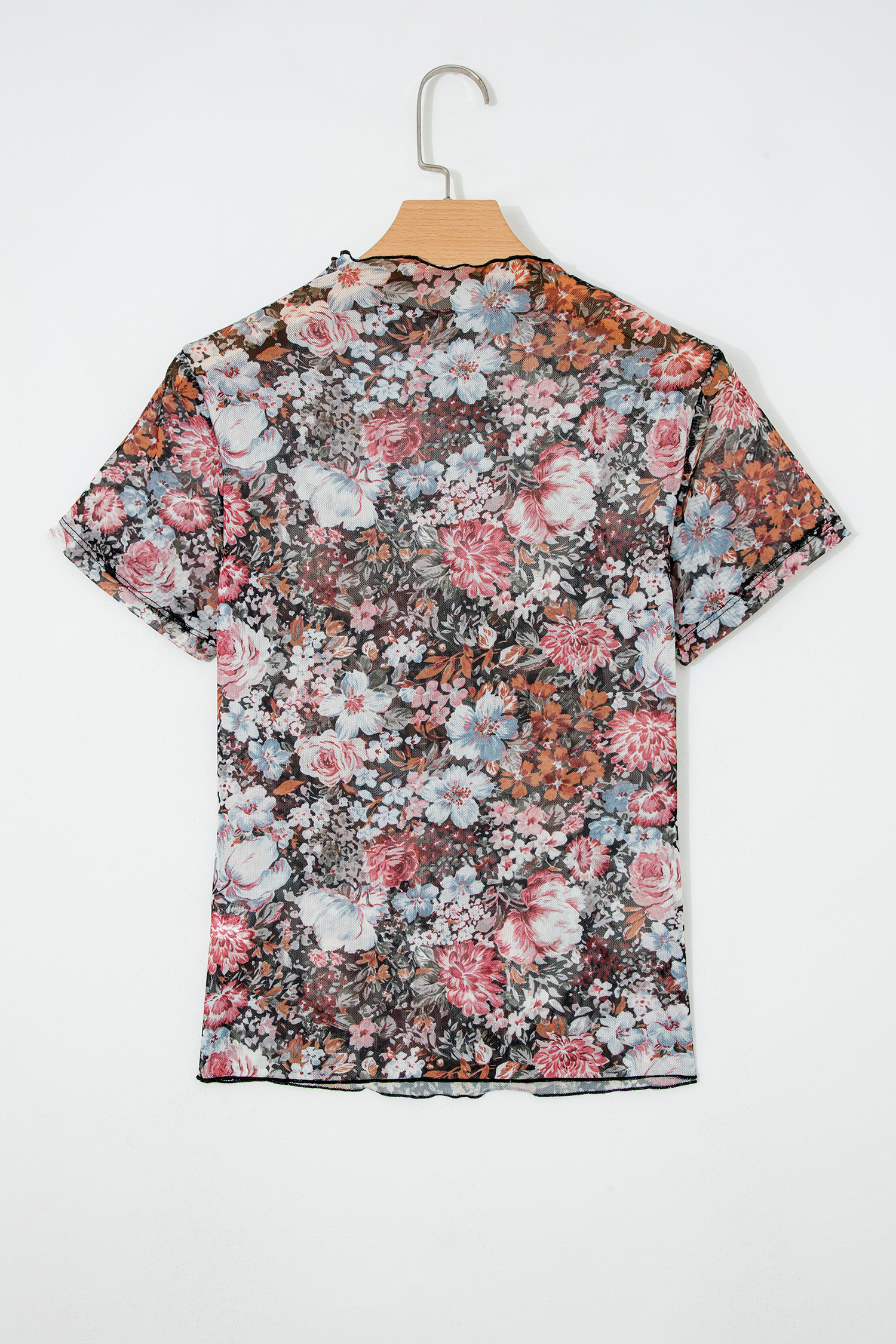 Brown Floral Mesh Shirt, Fitted Round Neck Summer Top - Detail View 5 Brown Floral Mesh Shirt, Fitted Round Neck Summer Top - Detail View 5