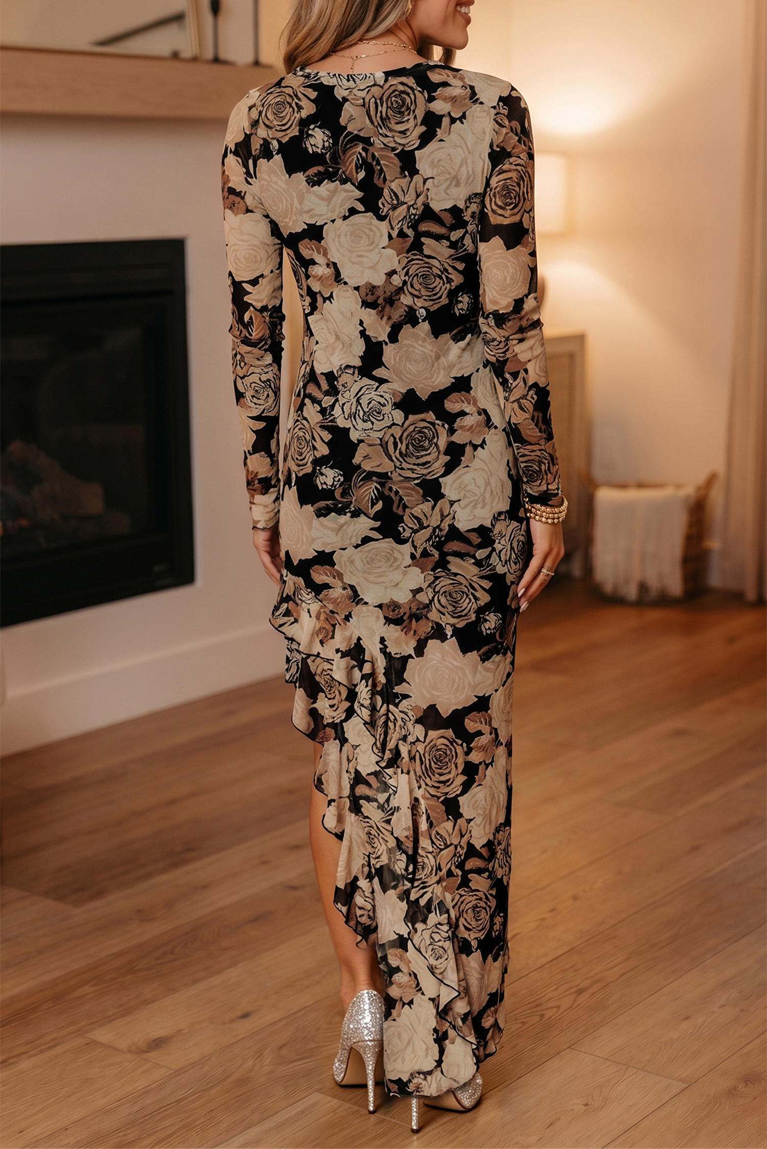 Floral Split Hem Maxi Dress, Chic Long Sleeve Sheath Style - Detail View 2 Floral Split Hem Maxi Dress, Chic Long Sleeve Sheath Style - Detail View 2