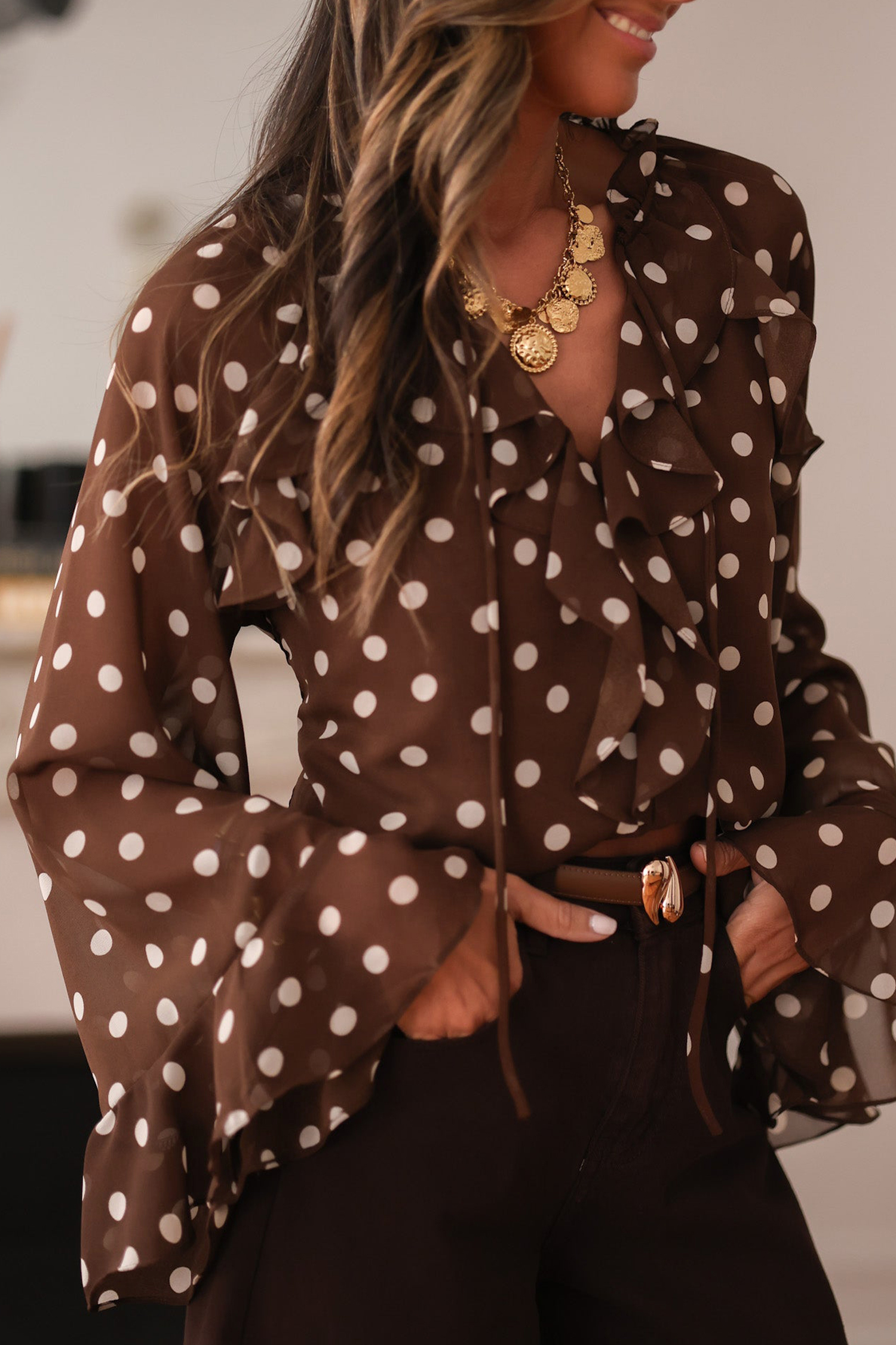 Chic Coffee Polka Dot Ruffle Trim Blouse for Women – Long Bell Sleeve V Neck Top for Daily Wear - Detail View 5 Chic Coffee Polka Dot Ruffle Trim Blouse for Women – Long Bell Sleeve V Neck Top for Daily Wear - Detail View 5