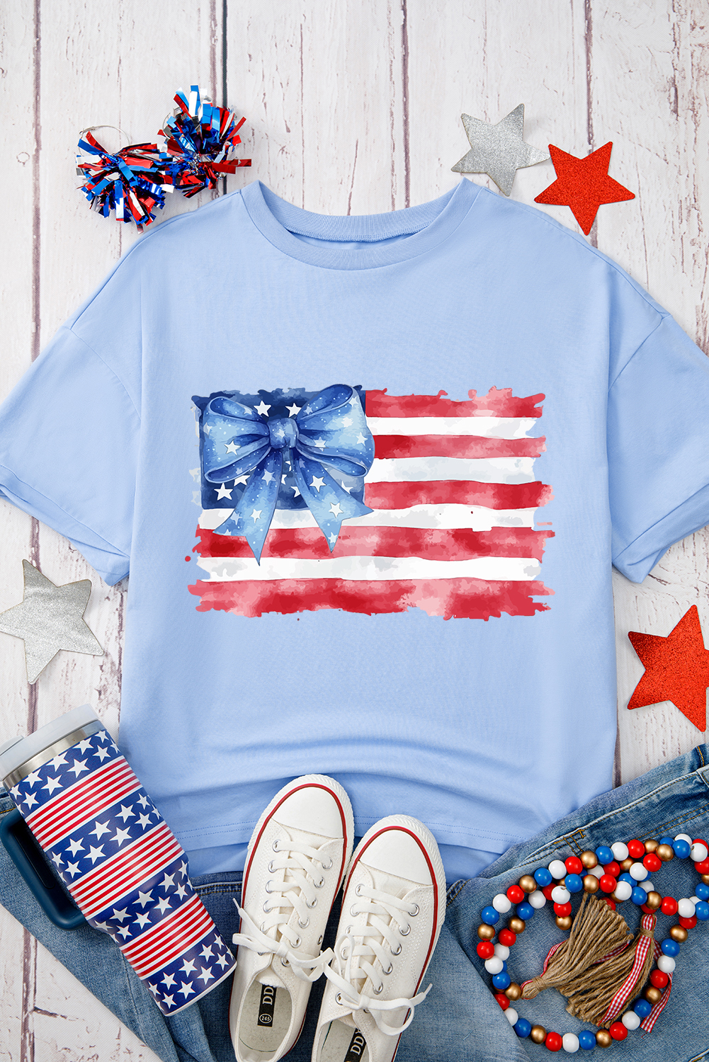 Patriotic Graphic Tee with Bow Design - Myosotis Blue Color, Half Sleeves - Detail View 2 Patriotic Graphic Tee with Bow Design - Myosotis Blue Color, Half Sleeves - Detail View 2