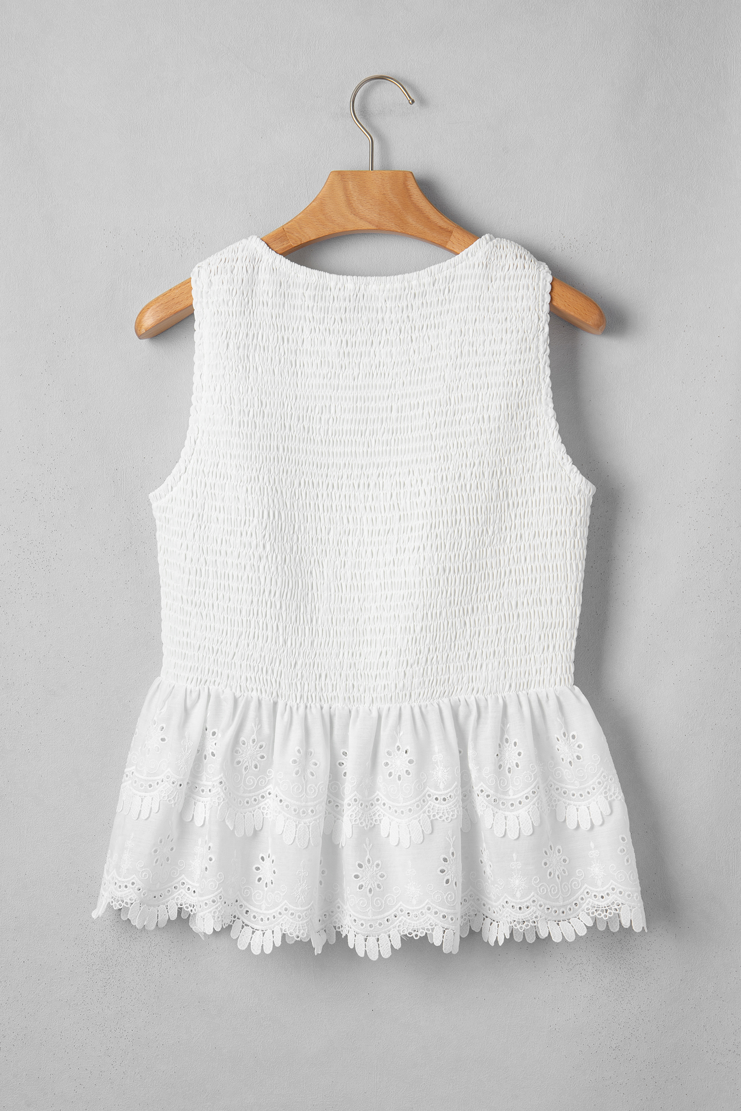 Sleeveless White Lace Peplum Top – Smocked Fit and Flare Tank - Detail View 5 Sleeveless White Lace Peplum Top – Smocked Fit and Flare Tank - Detail View 5