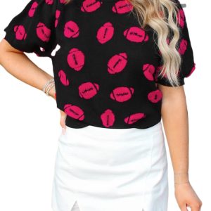Women's Black Rugby Print Short Sleeve Knit Sweater – Casual Daily Wear for Fall Days - Main View
