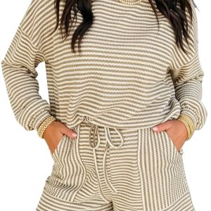 Women's Striped Knit Lounge Set, Textured Long Sleeve Outfit - Main View