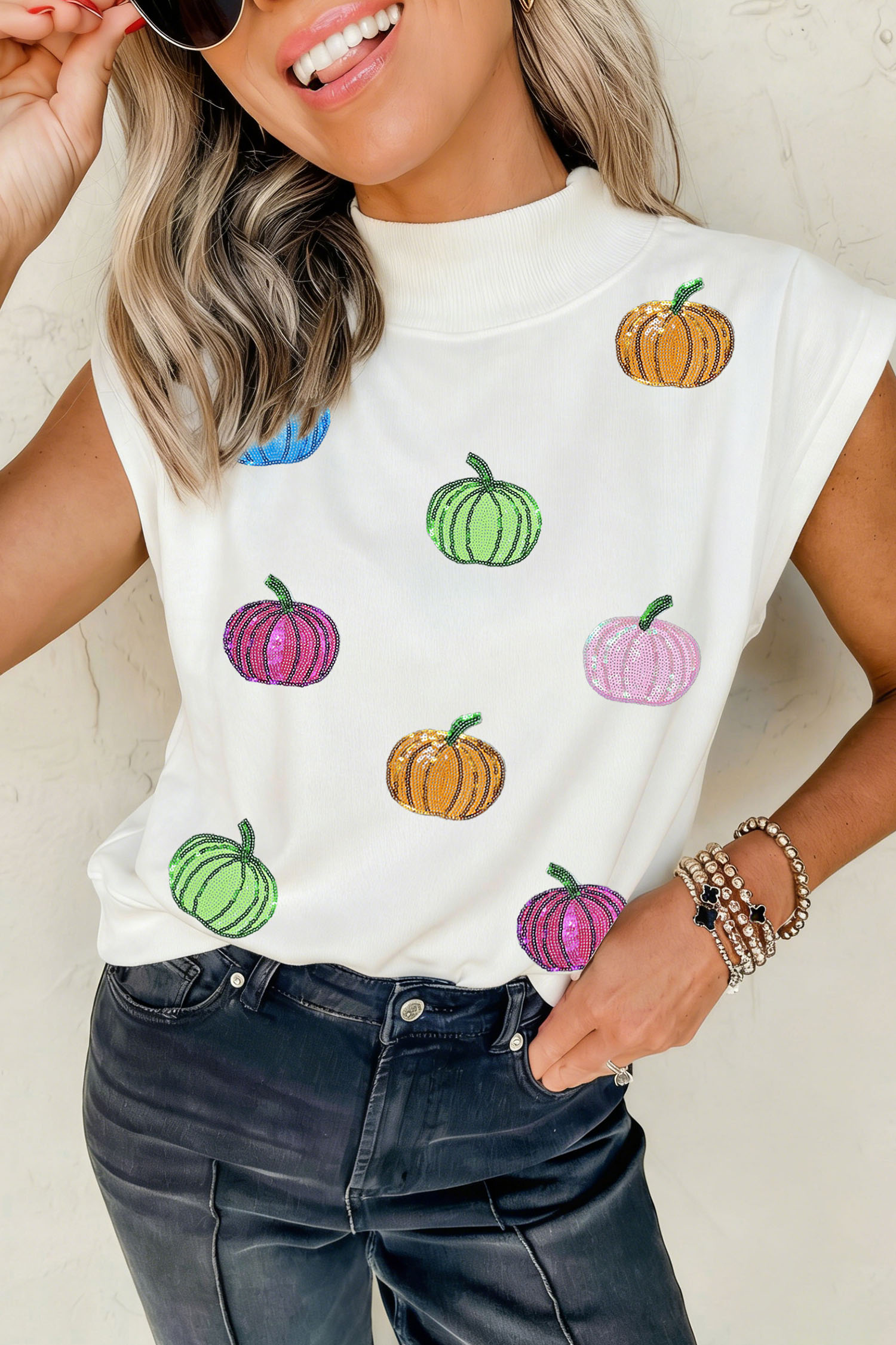 White Mock Neck Pumpkin Shirt, Casual Women's Sequin Apparel - Detail View 3 White Mock Neck Pumpkin Shirt, Casual Women's Sequin Apparel - Detail View 3