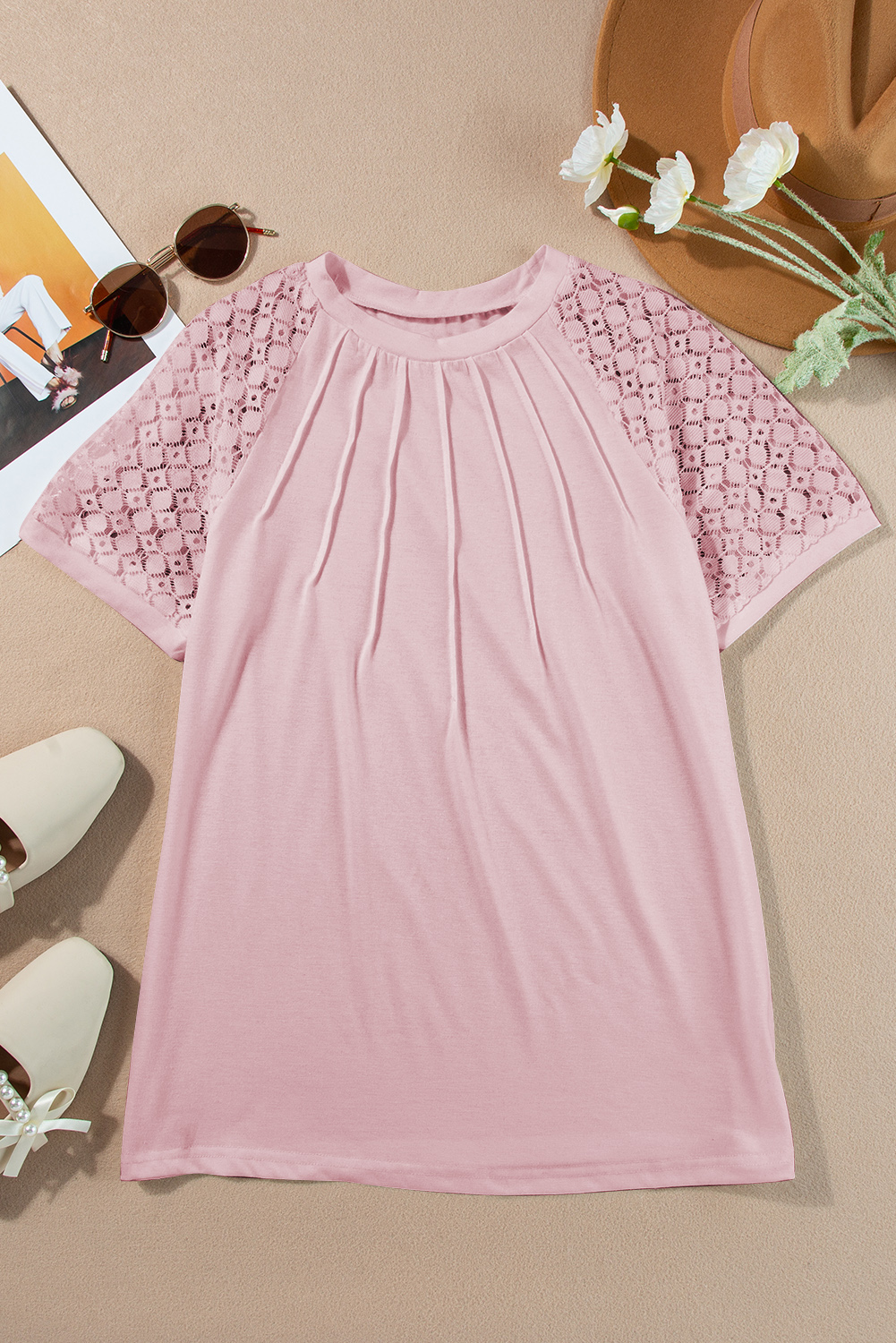Casual Pink Lace Raglan Sleeve Top for Women – Trendy Shift Tee for Everyday Comfort - Detail View 6 Casual Pink Lace Raglan Sleeve Top for Women – Trendy Shift Tee for Everyday Comfort - Detail View 6