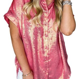 Women's Rose Red Metallic Sheen Short Sleeve Buttoned Front Casual Shirt - Main View