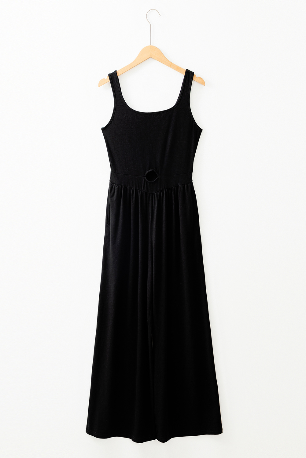 Stylish Black Wide Leg Jumpsuit with Cut-Out Details and Pockets - Detail View 6 Stylish Black Wide Leg Jumpsuit with Cut-Out Details and Pockets - Detail View 6