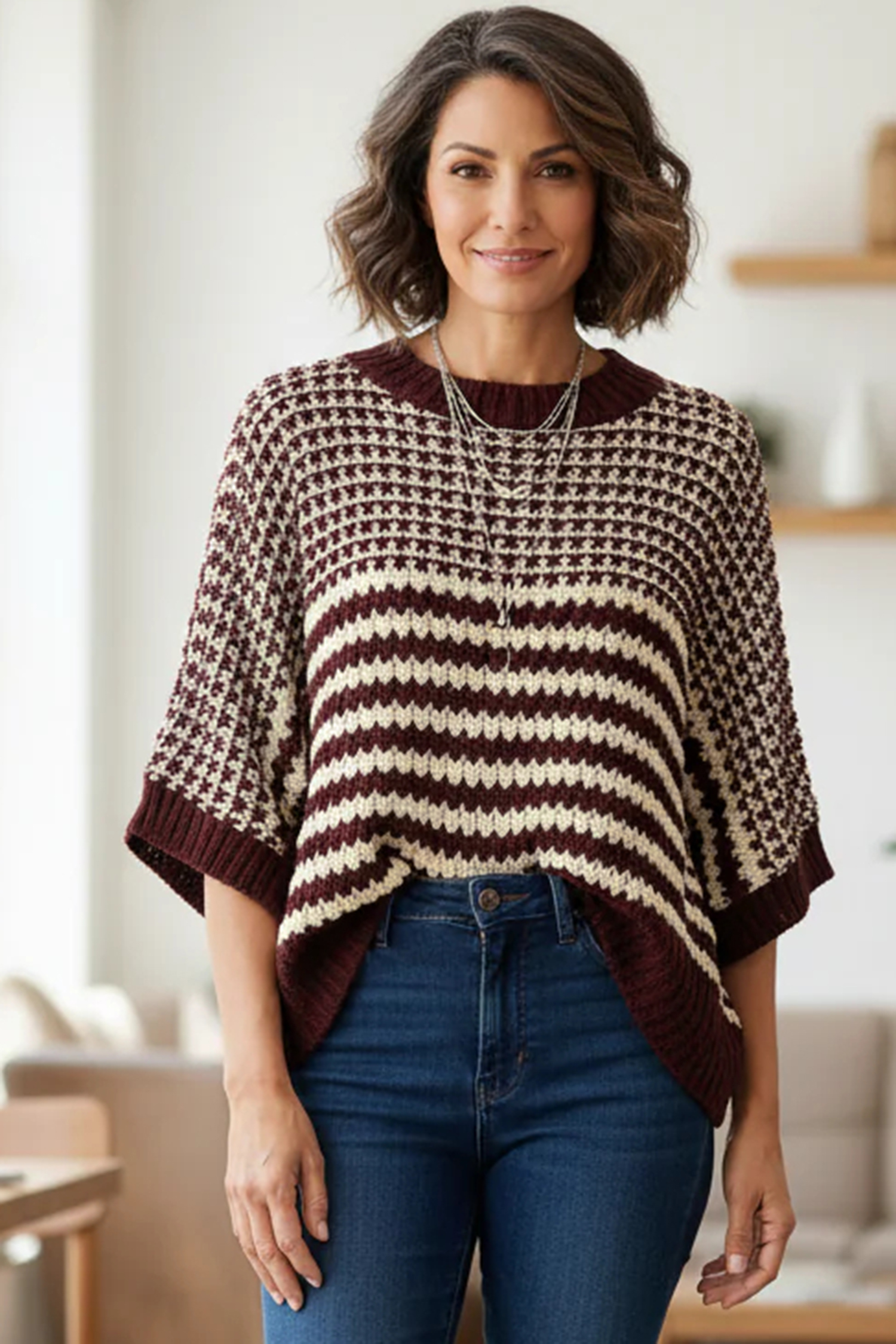 Chic Red Striped 3/4 Sleeve Sweater for Women – Perfect for Summer Outings - Detail View 5 Chic Red Striped 3/4 Sleeve Sweater for Women – Perfect for Summer Outings - Detail View 5