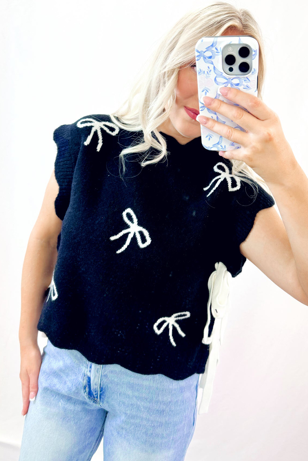 Charming Black Sweater T-Shirt with Bow Print & Unique Side Ties - Detail View 6 Charming Black Sweater T-Shirt with Bow Print & Unique Side Ties - Detail View 6