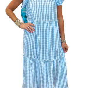 Women's Sky Blue Gingham Maxi Dress – Ruffled Short Sleeve, Casual Beach & Vacation Style - Main View