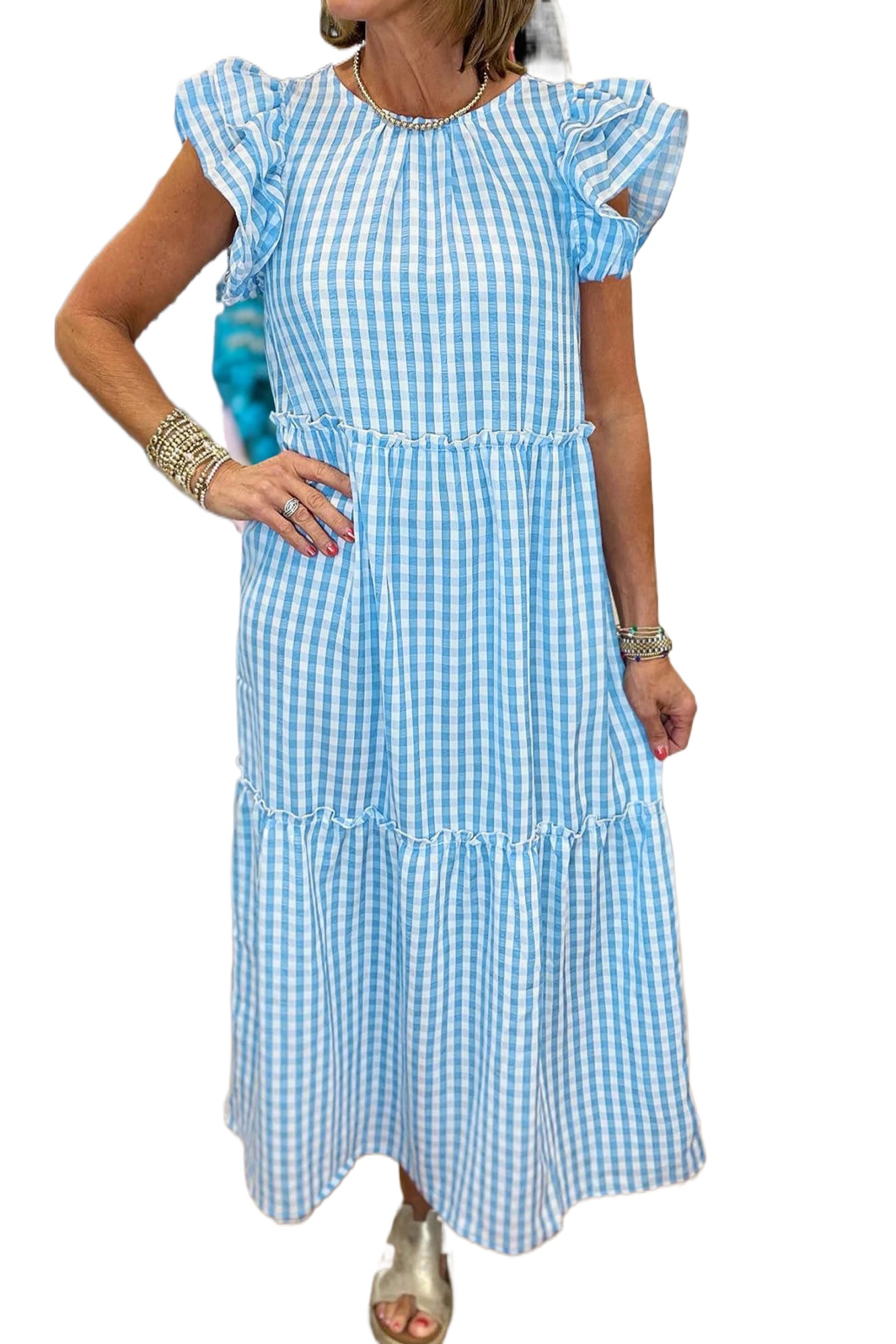Women's Sky Blue Gingham Maxi Dress – Ruffled Short Sleeve, Casual Beach & Vacation Style - Main View Women's Sky Blue Gingham Maxi Dress – Ruffled Short Sleeve, Casual Beach & Vacation Style - Main View
