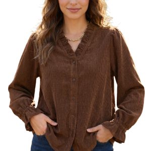 Women's Corduroy V-Neck Blouse – Long Sleeve Ruffle Trim Shirt - Main View