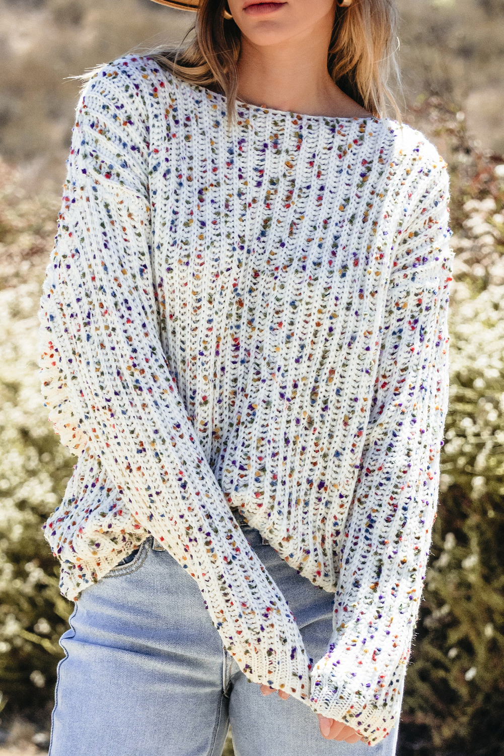 Women's Sweater, White Confetti, Reversible Design, Twist Detail, Long Sleeve, Casual Style, Knit Sweater, Fall Fashion, Daily Wear, Stylish Layering, Multicolor Pattern, Comfortable, Shift Silhouette - Detail View 8 Women's Sweater, White Confetti, Reversible Design, Twist Detail, Long Sleeve, Casual Style, Knit Sweater, Fall Fashion, Daily Wear, Stylish Layering, Multicolor Pattern, Comfortable, Shift Silhouette - Detail View 8