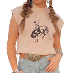 Women's Oatmeal HOWDY Rodeo Cowboy Graphic High Neck Short Sleeve Sweater - Main View