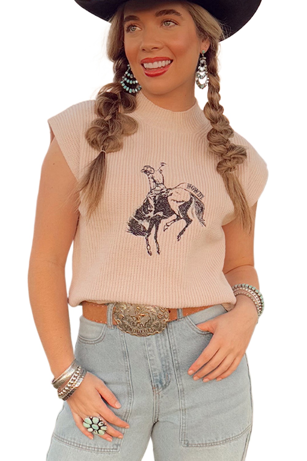 Women's Oatmeal HOWDY Rodeo Cowboy Graphic High Neck Short Sleeve Sweater - Main View Women's Oatmeal HOWDY Rodeo Cowboy Graphic High Neck Short Sleeve Sweater - Main View