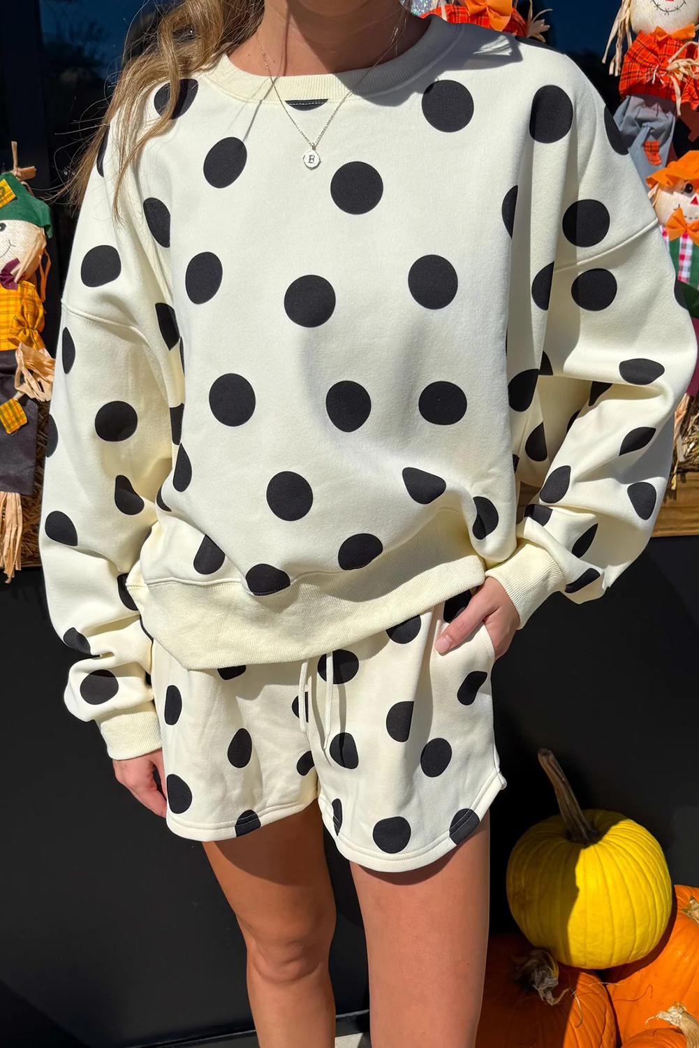 Casual Beige Polka Dot Print Drop Shoulder Set – Ideal for Beach Days and Vacations - Detail View 5 Casual Beige Polka Dot Print Drop Shoulder Set – Ideal for Beach Days and Vacations - Detail View 5