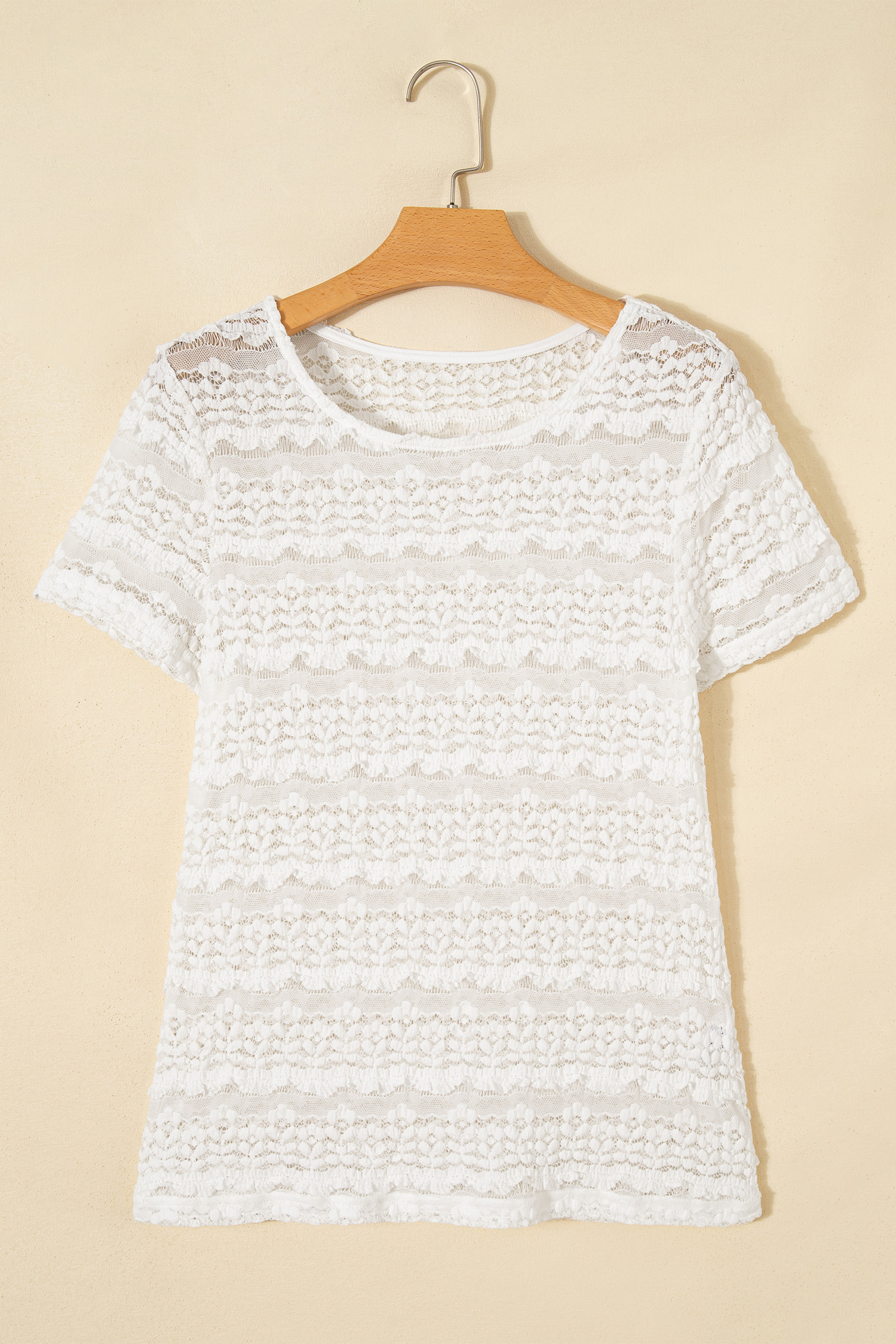 Elegant White Sheer Lace Top for Women – Short Sleeve Round Neck Blouse, Versatile Summer Style - Detail View 5 Elegant White Sheer Lace Top for Women – Short Sleeve Round Neck Blouse, Versatile Summer Style - Detail View 5