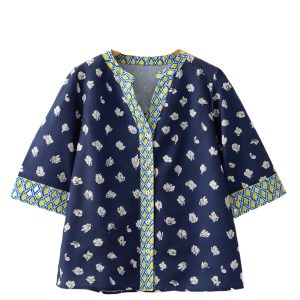 Women's Blue Floral Print Half Sleeve V Neck Blouse with Contrast Trim - Main View