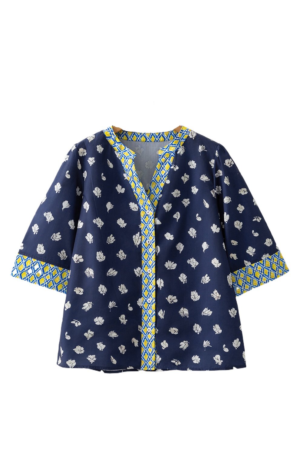 Women's Blue Floral Print Half Sleeve V Neck Blouse with Contrast Trim - Main View Women's Blue Floral Print Half Sleeve V Neck Blouse with Contrast Trim - Main View