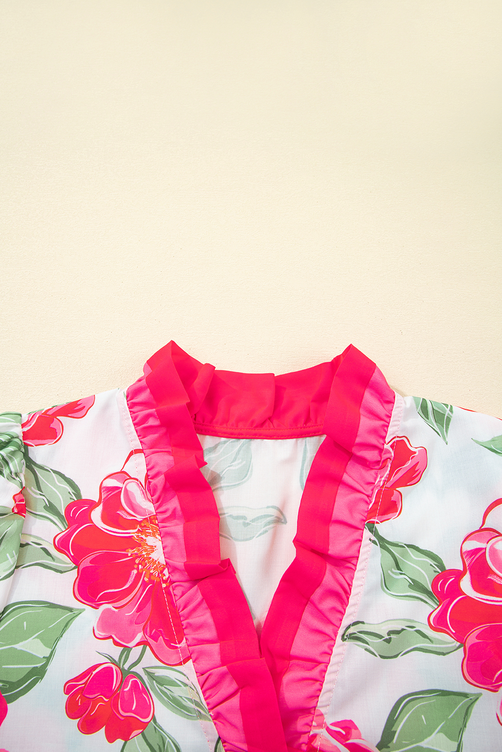 Vibrant Pink Floral Top with Frills - Casual Short Sleeve Blouse for Daily Wear - Detail View 7 Vibrant Pink Floral Top with Frills - Casual Short Sleeve Blouse for Daily Wear - Detail View 7