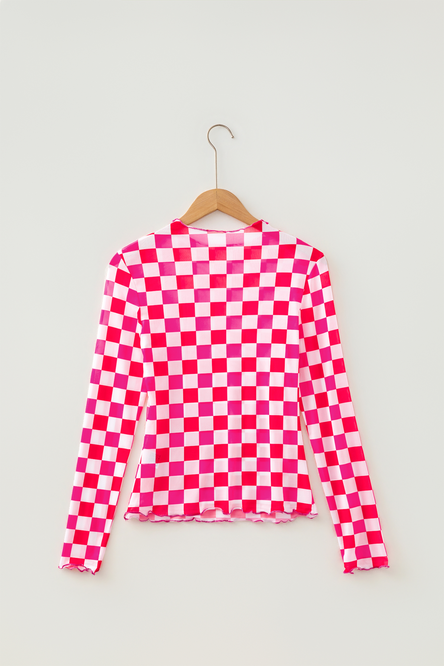 Women's Checkered Mesh Top, Rose Long Sleeve Sheer Blouse - Detail View 7 Women's Checkered Mesh Top, Rose Long Sleeve Sheer Blouse - Detail View 7