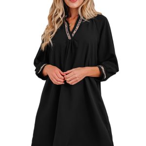 Women's Black V-Neck Shift Mini Dress with Bracelet Sleeves for Daily Wear - Main View