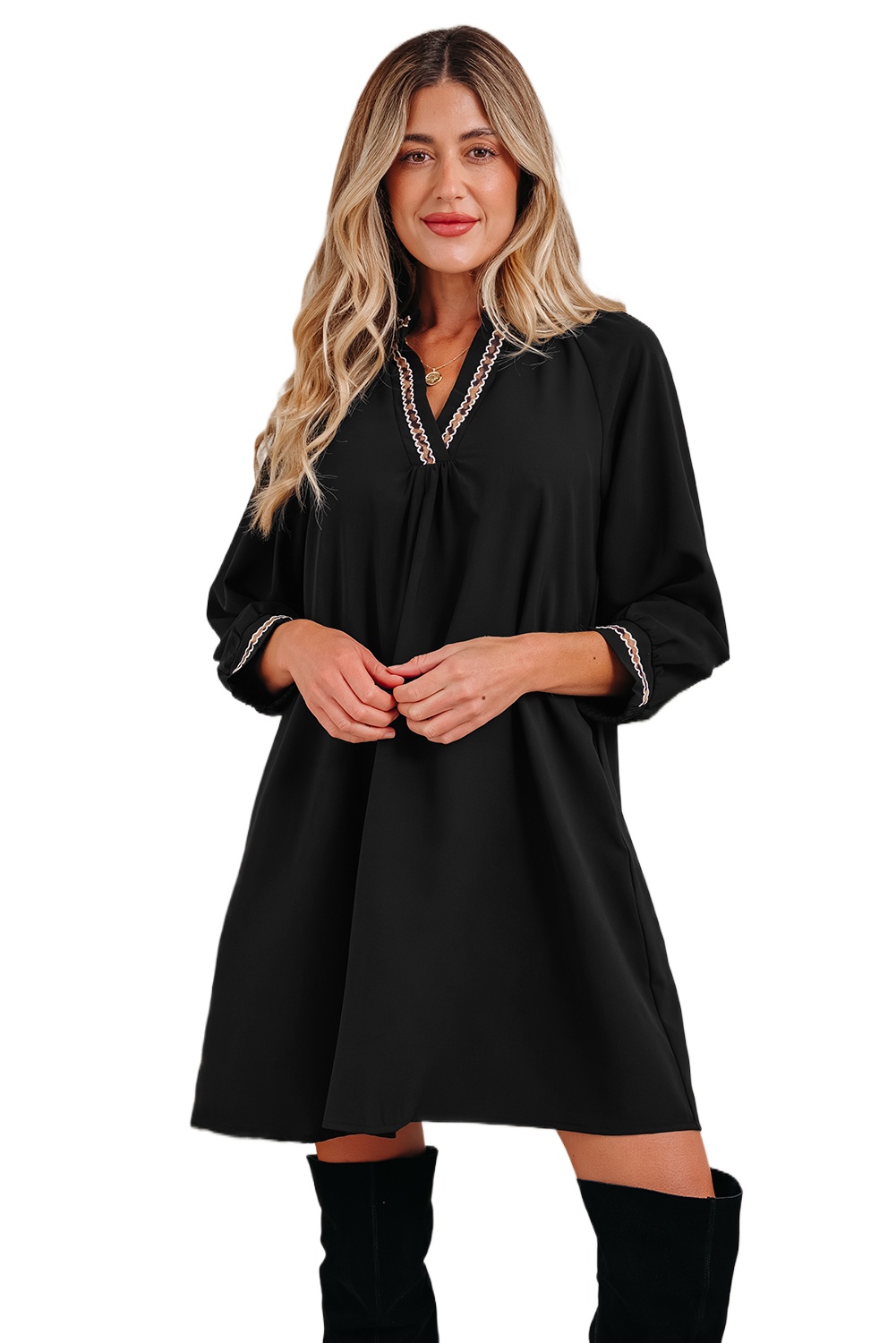 Women's Black V-Neck Shift Mini Dress with Bracelet Sleeves for Daily Wear - Main View Women's Black V-Neck Shift Mini Dress with Bracelet Sleeves for Daily Wear - Main View