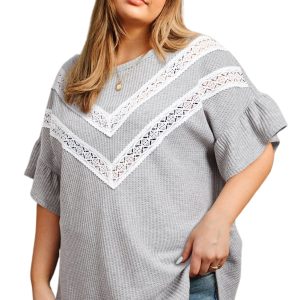 Plus Size Light Grey Lace Insert Waffle Ruffle Short Sleeve Top for Women - Main View