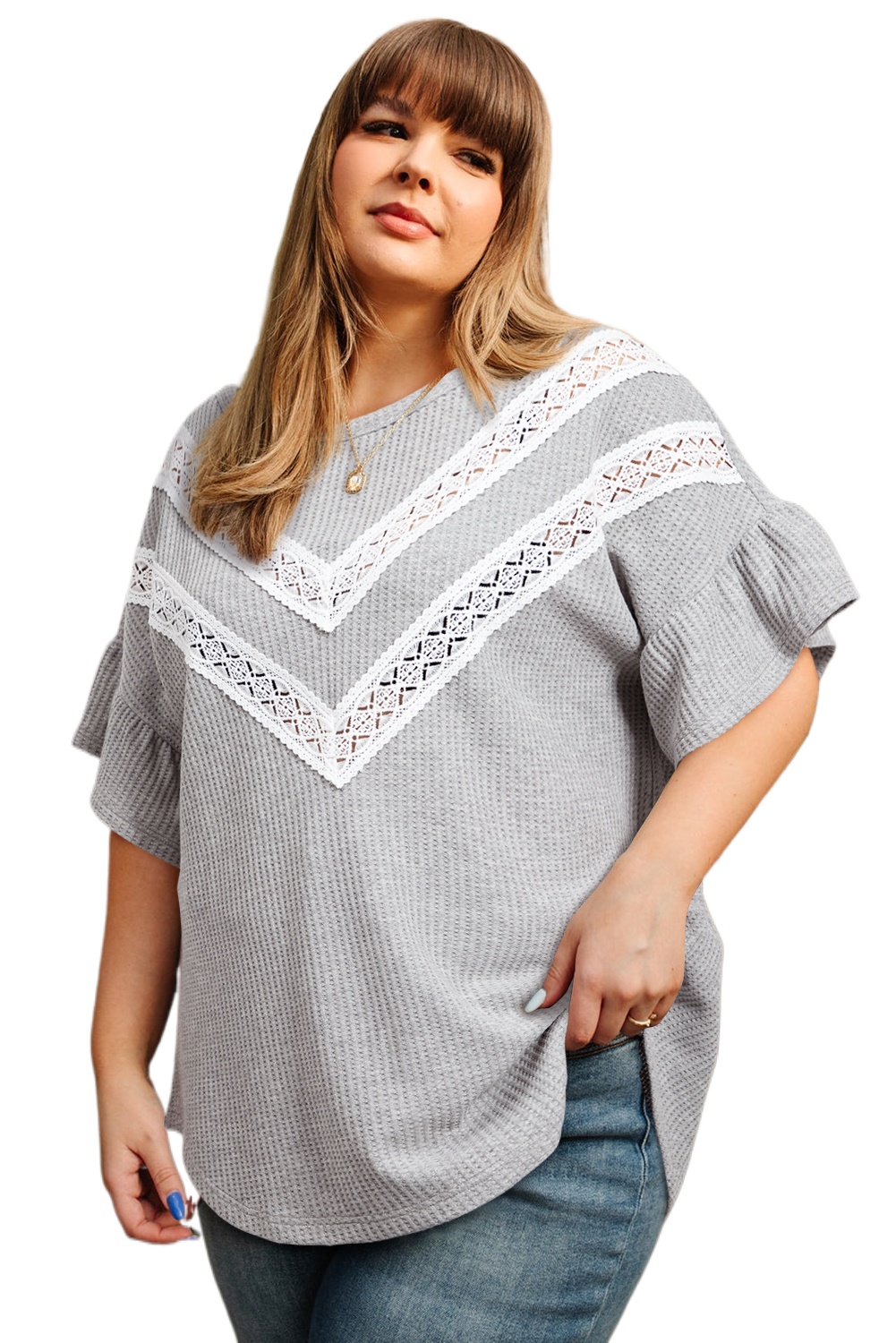 Plus Size Light Grey Lace Insert Waffle Ruffle Short Sleeve Top for Women - Main View Plus Size Light Grey Lace Insert Waffle Ruffle Short Sleeve Top for Women - Main View
