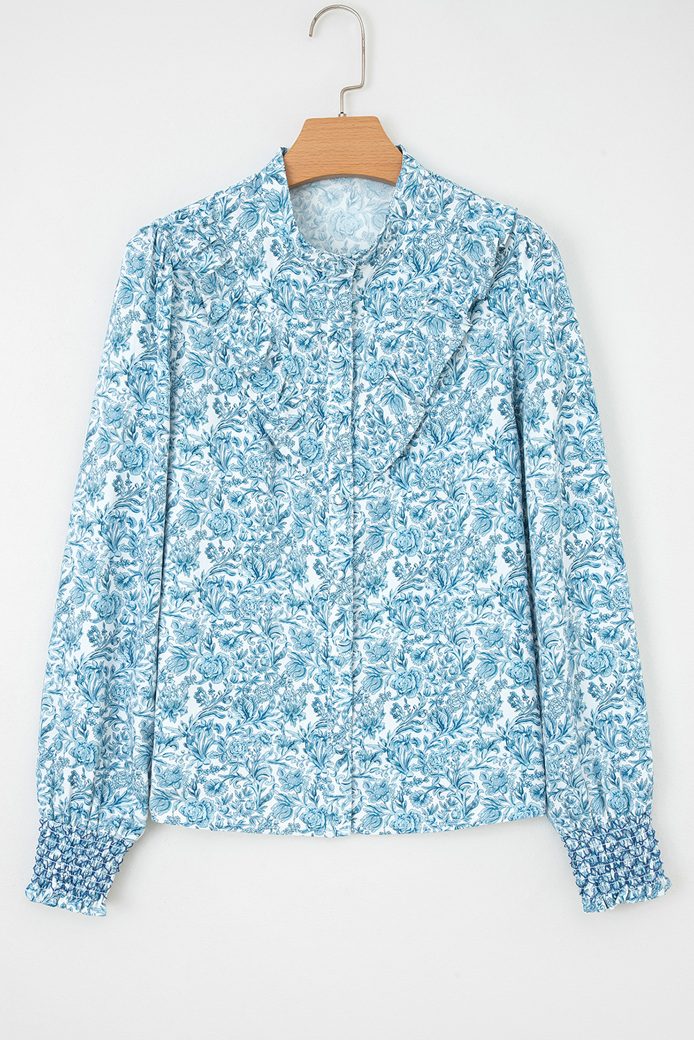 Women's Shift Silhouette Puff Sleeve Top in Sky Blue - Stylish Floral Print - Detail View 7 Women's Shift Silhouette Puff Sleeve Top in Sky Blue - Stylish Floral Print - Detail View 7