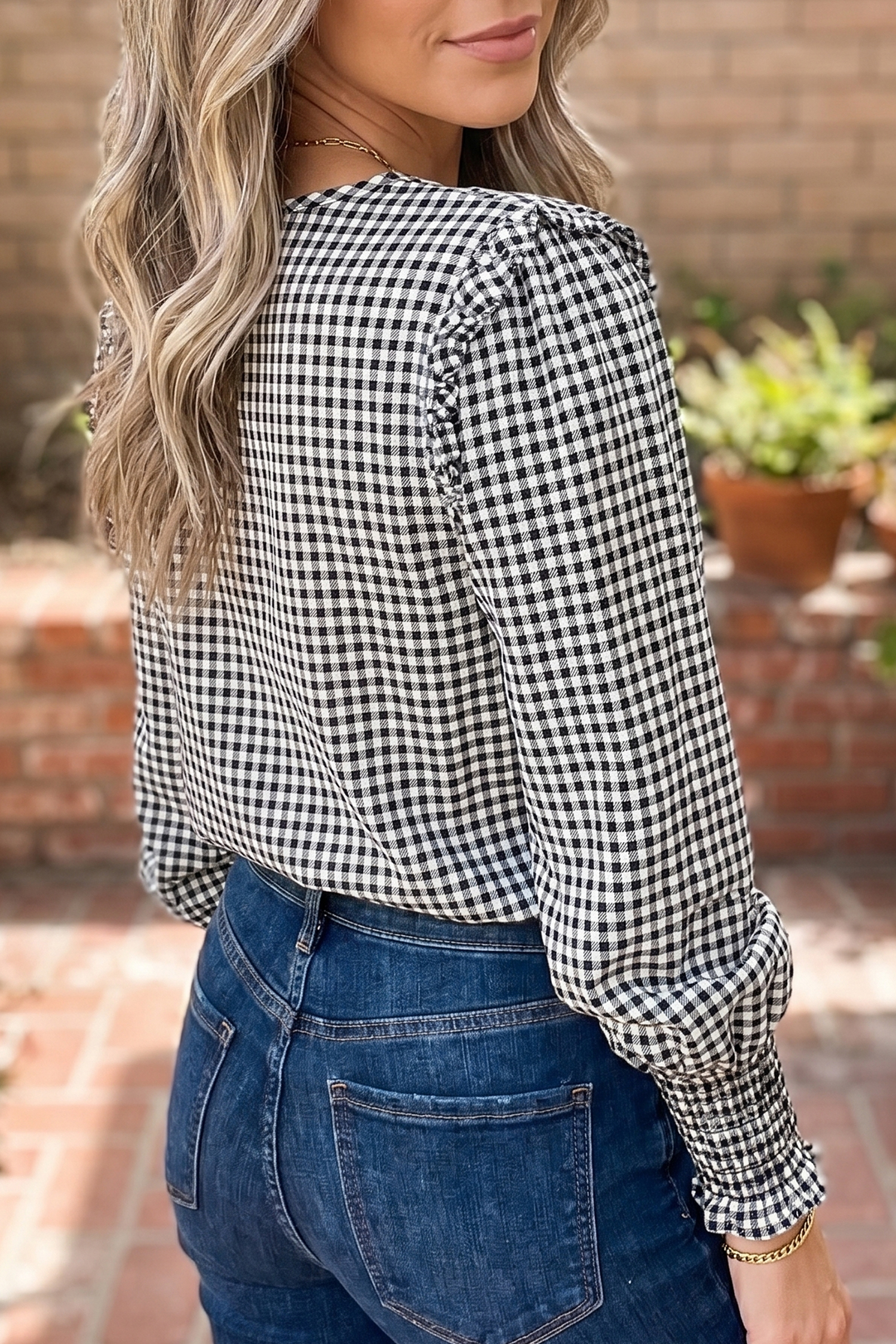 Plaid Women's Long Sleeve Blouse, Ruffle Shoulder Top - Detail View 2 Plaid Women's Long Sleeve Blouse, Ruffle Shoulder Top - Detail View 2