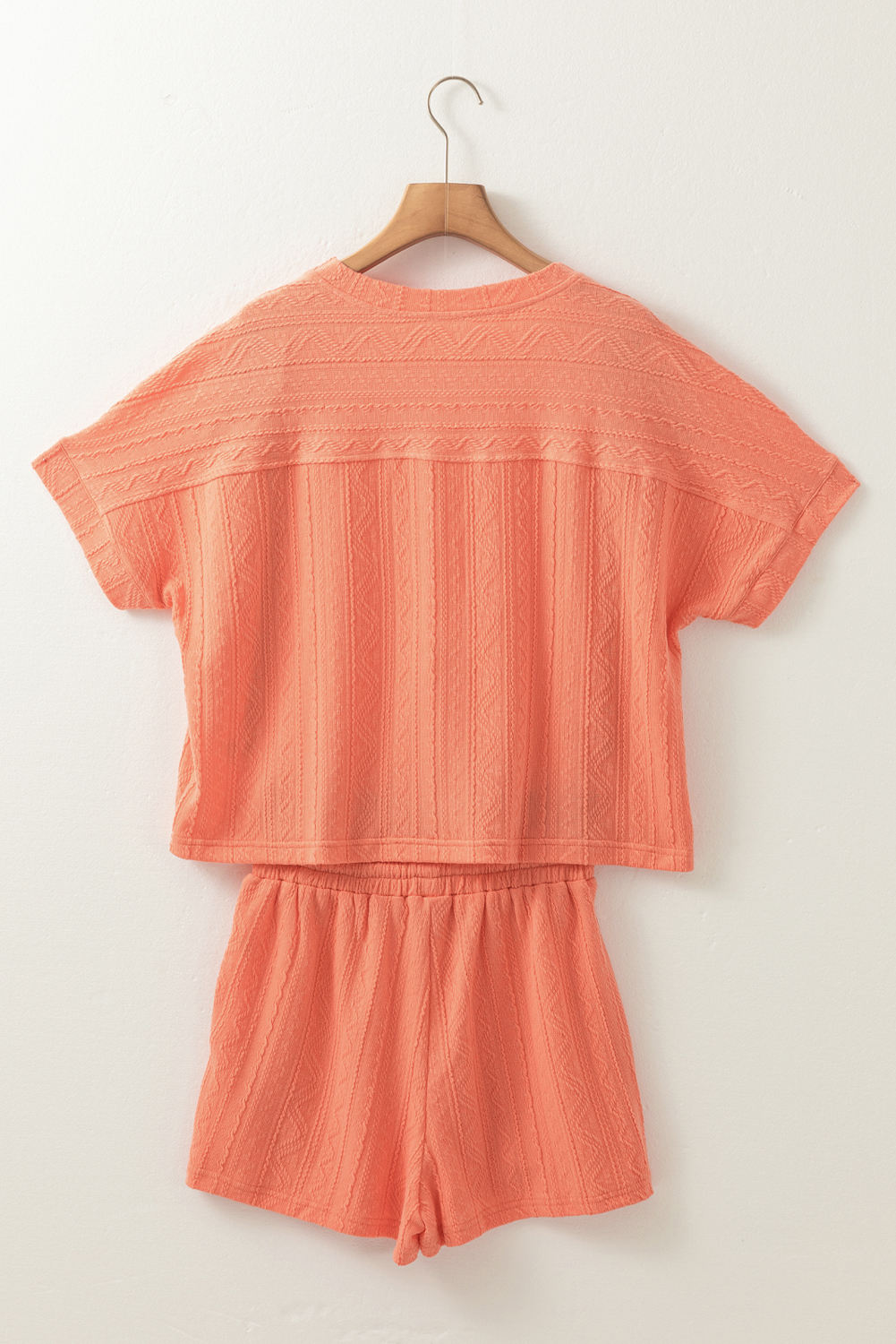 Women's Two Piece Set, Pale Chestnut, Textured Fabric, Short Sleeve Top, Drawstring Shorts, Casual Wear, Vacation Outfit, High Waist, Solid Color, Fashionable, Comfortable, Versatile Style, Outdoor Activities - Detail View 8 Women's Two Piece Set, Pale Chestnut, Textured Fabric, Short Sleeve Top, Drawstring Shorts, Casual Wear, Vacation Outfit, High Waist, Solid Color, Fashionable, Comfortable, Versatile Style, Outdoor Activities - Detail View 8
