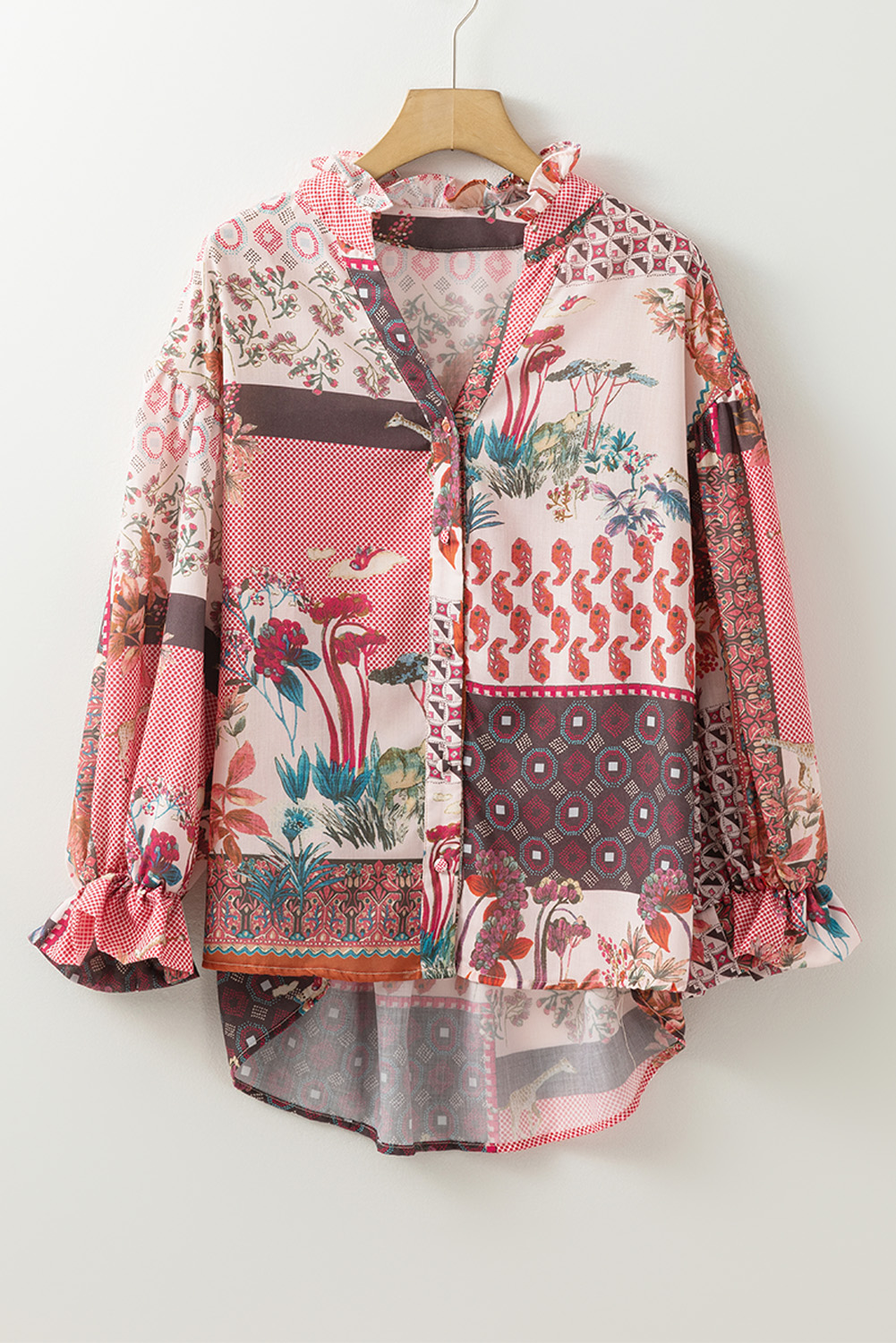Women's Shirt, Red Boho, Mixed Print, Patchwork, Bubble Sleeve, Long Sleeve, Vintage Style, Casual Wear, Floral Pattern, Bohemian Aesthetic, Comfortable Fashion, Daily Wear, Tops, Blouses & Shirts - Detail View 4 Women's Shirt, Red Boho, Mixed Print, Patchwork, Bubble Sleeve, Long Sleeve, Vintage Style, Casual Wear, Floral Pattern, Bohemian Aesthetic, Comfortable Fashion, Daily Wear, Tops, Blouses & Shirts - Detail View 4