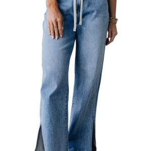 Women's Myosotis Blue High Rise Drawstring Casual Jeans with Slit Leg - Main View