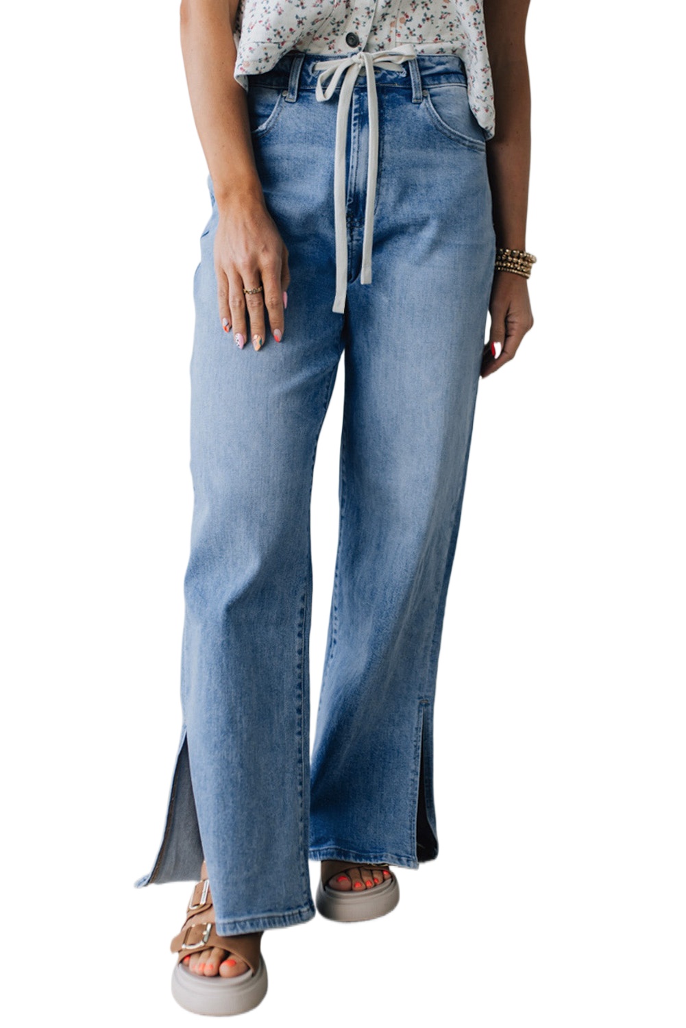 Women's Myosotis Blue High Rise Drawstring Casual Jeans with Slit Leg - Main View Women's Myosotis Blue High Rise Drawstring Casual Jeans with Slit Leg - Main View