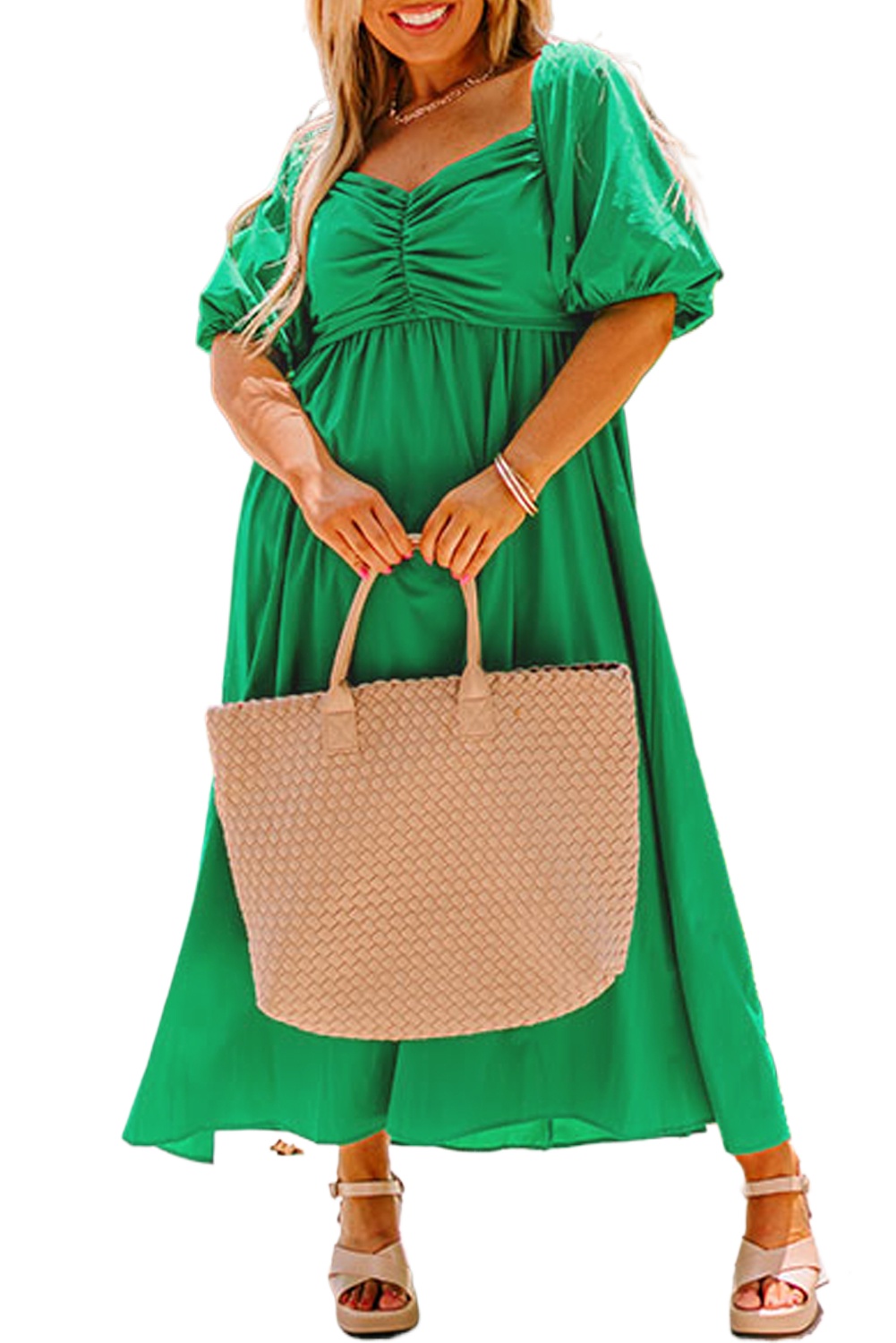 Elegant Bright Green Ruched Front Puff Sleeve Plus Size Long Dress for Women - Main View Elegant Bright Green Ruched Front Puff Sleeve Plus Size Long Dress for Women - Main View