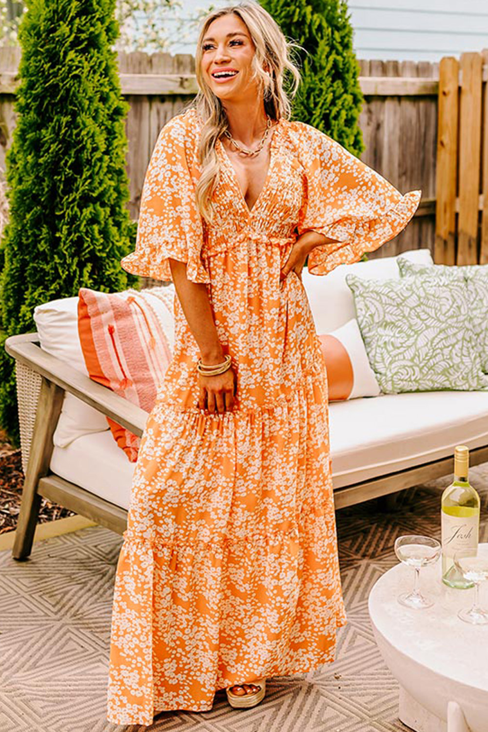 Women's Maxi Dress, Orange Floral, Smocked V Neck, Wide Sleeves, Bohemian Style, Vacation Outfit, Summer Fashion, A-Line Silhouette, Elegant Floral Print, Comfortable Fit, Daily Wear, Long Dress, Ruffle Details, High Waist - Detail View 4 Women's Maxi Dress, Orange Floral, Smocked V Neck, Wide Sleeves, Bohemian Style, Vacation Outfit, Summer Fashion, A-Line Silhouette, Elegant Floral Print, Comfortable Fit, Daily Wear, Long Dress, Ruffle Details, High Waist - Detail View 4