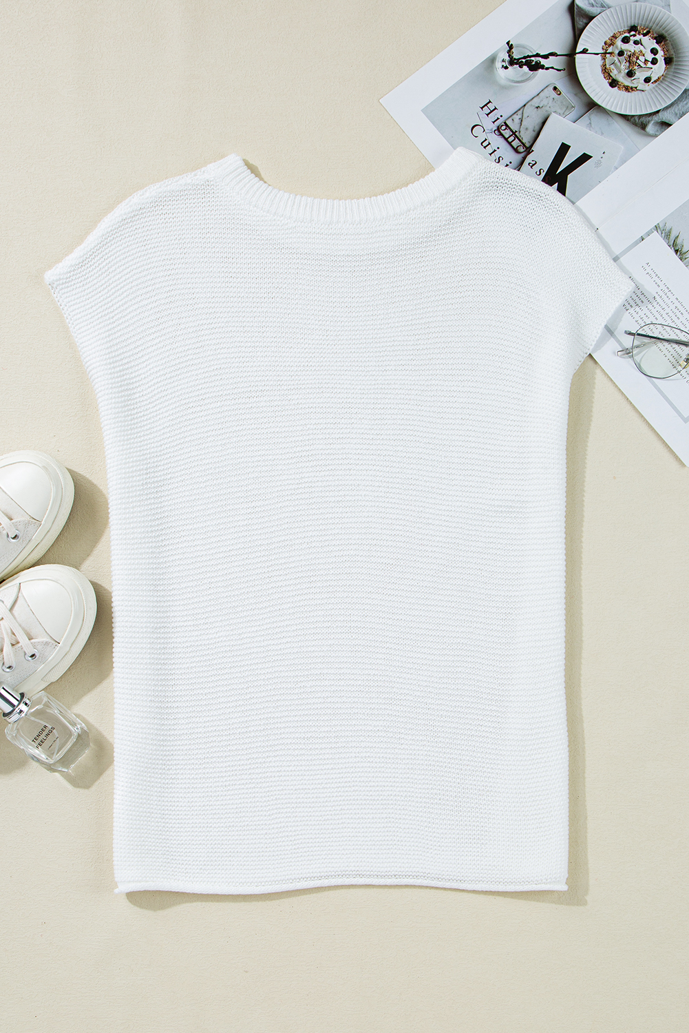 Casual Round Neck Short Sleeve Sweater Tee - Jet Stream Color with Chic Side Slits - Detail View 10 Casual Round Neck Short Sleeve Sweater Tee - Jet Stream Color with Chic Side Slits - Detail View 10
