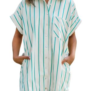 Women's Mint Green St. Patrick's Striped Wide Short Sleeve Shift Mini Shirt Dress - Main View