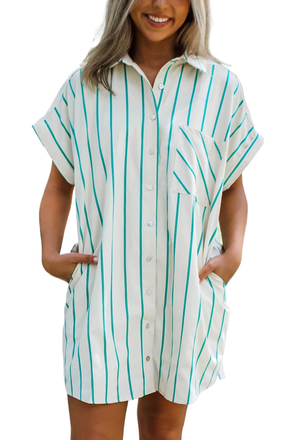 Women's Mint Green St. Patrick's Striped Wide Short Sleeve Shift Mini Shirt Dress - Main View Women's Mint Green St. Patrick's Striped Wide Short Sleeve Shift Mini Shirt Dress - Main View